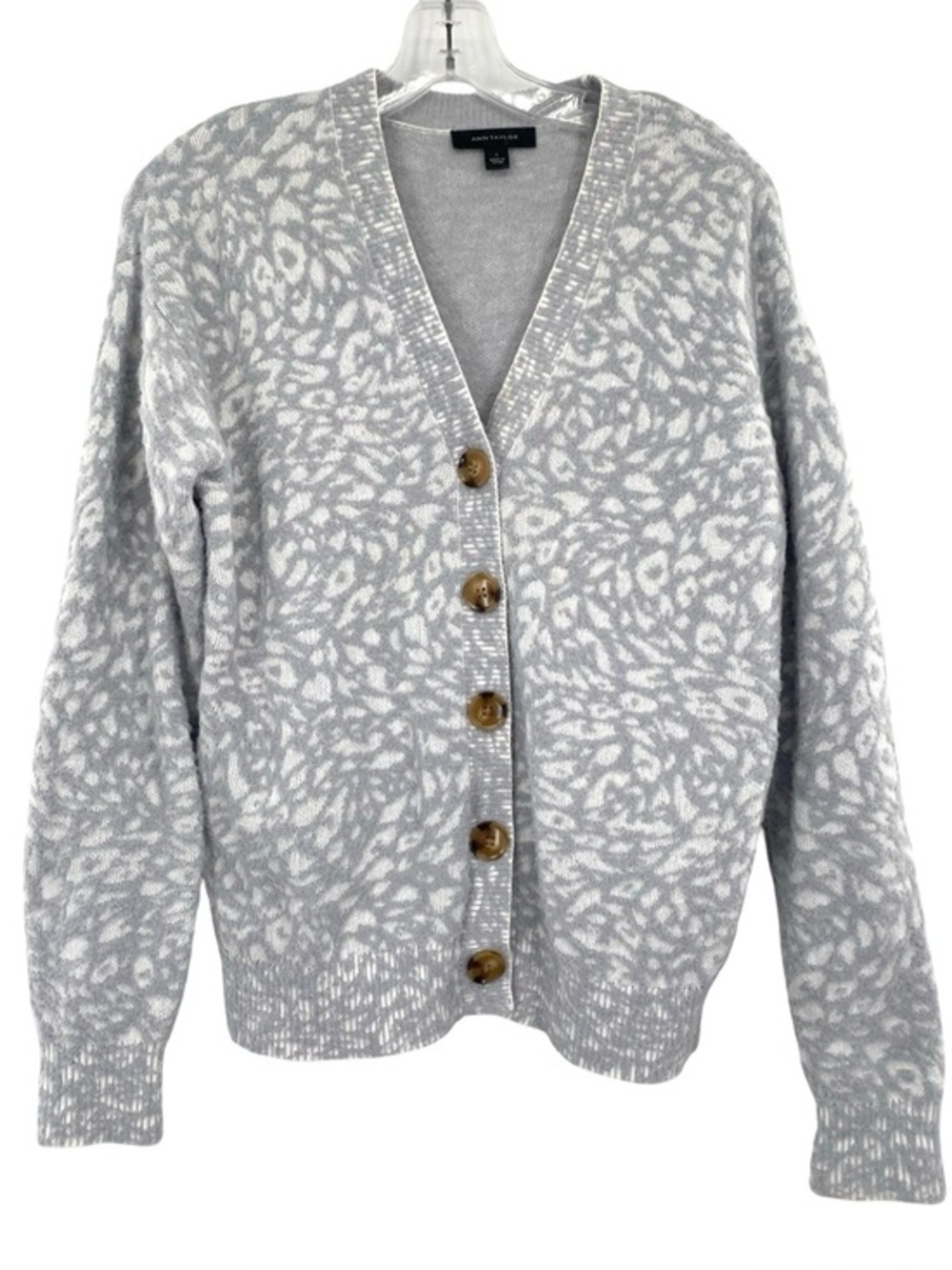 Ann Taylor Animal Print Leopard Gray Fuzzy Cardigan Sweater Size Small